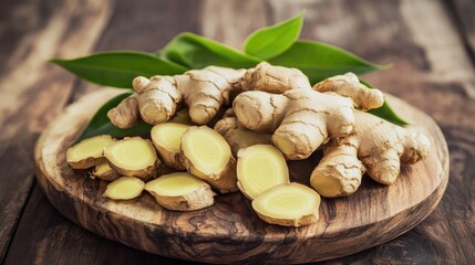 Fototapeta premium Fresh Organic Ginger Root Slices on Rustic Wooden Cutting Board