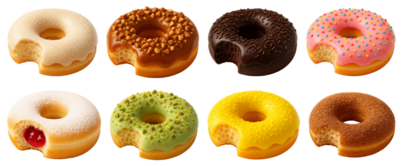 A variety of donuts with different frostings and toppings, each with a bite taken out, including chocolate, vanilla, strawberry, and pistachio flavors.