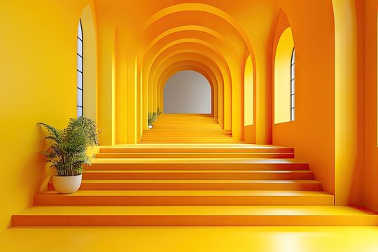 A vibrant yellow architectural hallway with ascending steps.