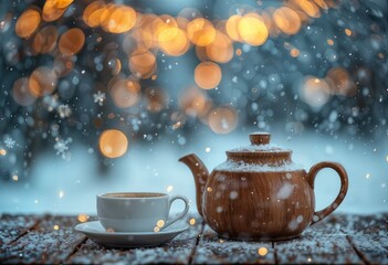 a cozy winter scene featuring a warm cup of tea and a wooden teapot dusted with snow against a blurred, bokeh-filled backdrop of falling snowflakes.
