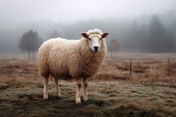 A single sheep stands in a foggy field, its white fleece contrasting with the muted tones of the landscape.