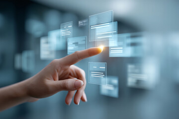 Digital interaction: A hand interacts with floating data interfaces, symbolizing innovation and technology.