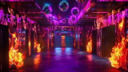 Obraz premium 37. Nightclub entrance with digital flames and disco balls orbiting above