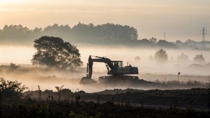 Fototapeta premium Heavy construction machinery silhouette remote worksite foggy morning industrial landscape atmospheric perspective construction concept