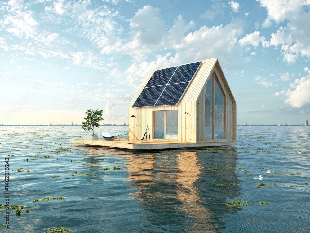 Aufkleber a modern wooden floating house with solar panels sits on calm water under a cloudy sky. the structur