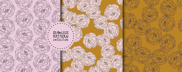 Fototapeta premium Set of seamless patterns with peonies in vector. Backgrounds, prints, design elements