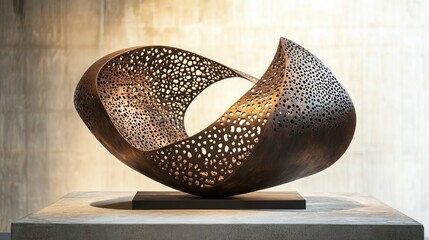 Fototapeta premium Abstract bronze sculpture with intricate perforated design.