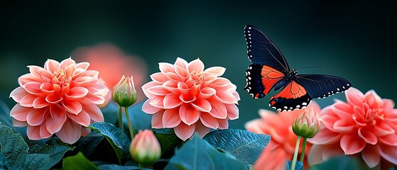 Delicate pink dahlias and a butterfly