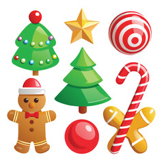 a collection of shiny, 3D-rendered Christmas icons, including a tree, gingerbread man, and candy cane on white  background