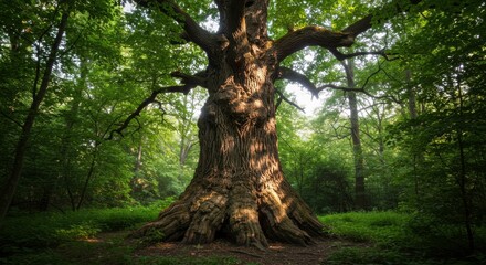 Fototapeta premium Majestic ancient oak tree stands tall in sun dappled forest its age a testament to nature's enduring beauty