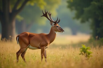 Fototapeta premium Side profile portrait of a male Barasingha in Kanha's forest , wildlife photo, mammal