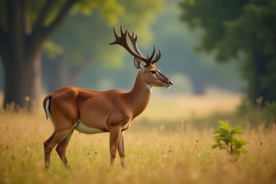 Side profile portrait of a male Barasingha in Kanha's forest , wildlife photo, mammal