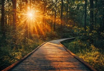 Fototapeta premium a wooden boardwalk winds through a lush green forest bathed in the golden light of a setting sun.