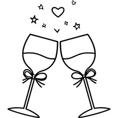 Champagne Glasses Toasting Celebration with Heart and Stars Line Art. Two champagne glasses are toasting decorated with bows with a heart and stars above all in black and white line art style