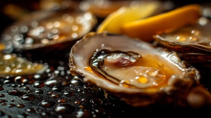 Fresh Raw Oysters on a Dark Background with Lemon Slices and Water Drops Capturing a Gourmet Seafood Experience