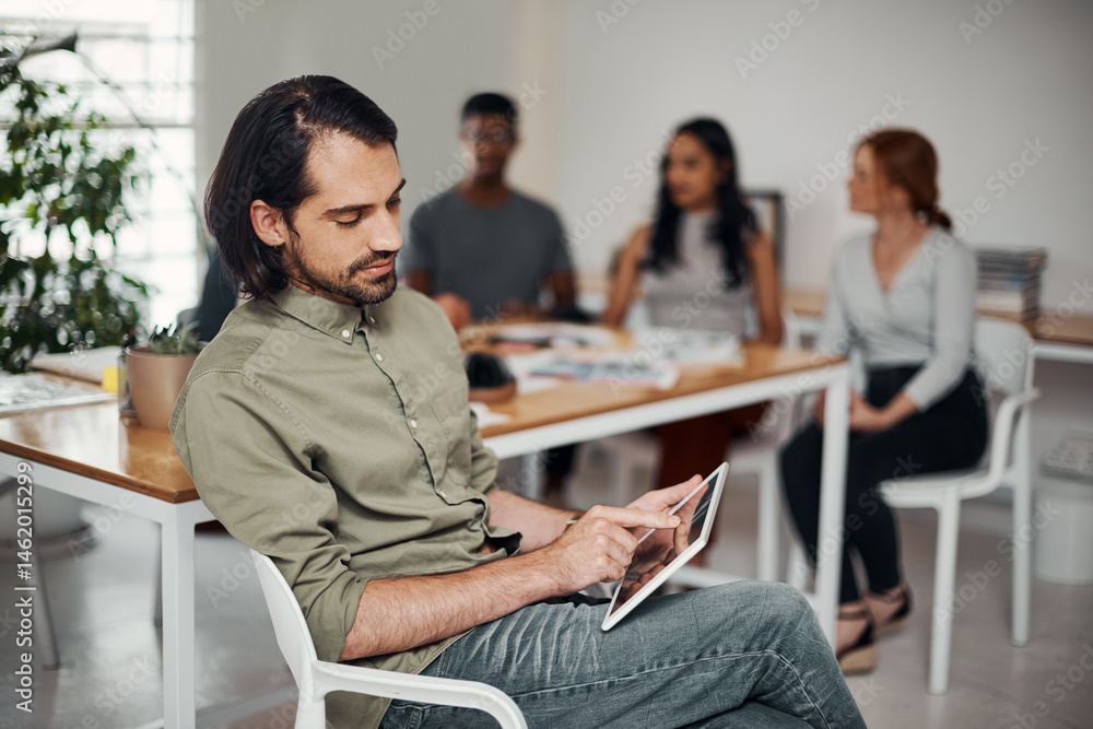 Poster tablet, business man and research online for information, networking or meeting in startup. digital 