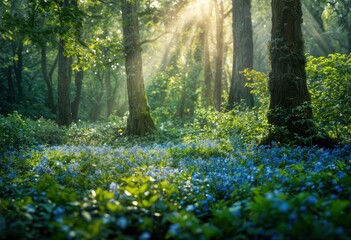a sun-dappled forest floor blooms with a carpet of delicate blue forget-me-nots amidst towering trees and lush greenery.