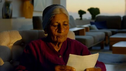 An elderly South Asian woman reads a letter while seated in a cozy living room illuminated by warm sunset light