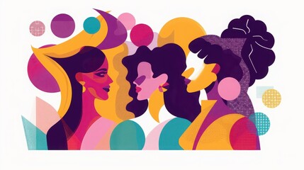 Three women in profile with abstract shapes and vibrant colors in a modern artistic illustration