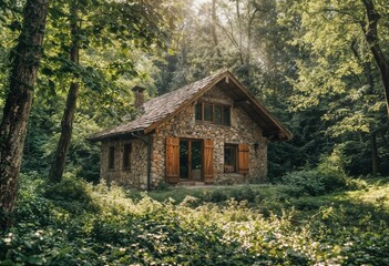 Fototapeta premium a rustic stone cottage nestled within a lush, vibrant forest is bathed in dappled sunlight filtering through the dense canopy.