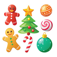a collection of shiny, 3D-rendered Christmas icons, including a tree, gingerbread man, and candy cane on white  background