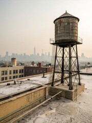 Old metal water tank on dusty rooftop overlooking city skyline urban landscape photography atmospheric view