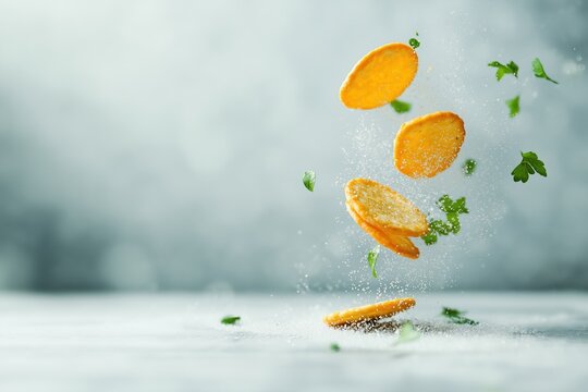 Levitation of crackers and herbs, flying ingredients with parsley, levitated snacks on gray background