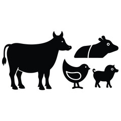 Farm Animals Silhouettes Cow, Chicken, Pig, Goat Clipart