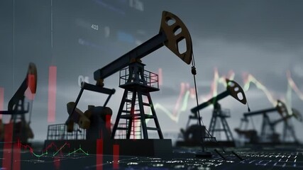 Oil pumpjack operates with market data overlay. Analytics visualized finance charts. Oil production merges with finance tools. Finance overlays show analytics. Oil market with rising analytics trend. - Powered by Adobe