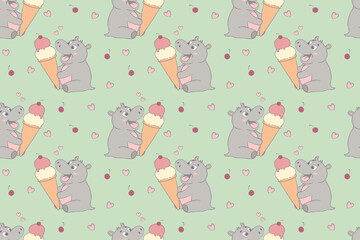 Happy Hippos Enjoying Ice Cream in a Playful Seamless Pattern Design Featuring a Whimsical Pastel Background