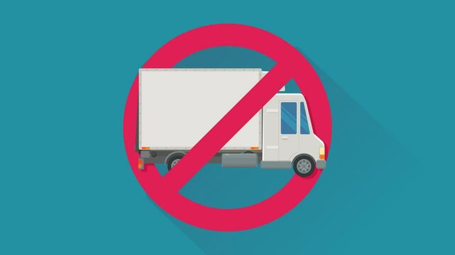 Appearance of crossed out red circular prohibition symbol on a refrigerator truck on blue background with long shadow in flat design style