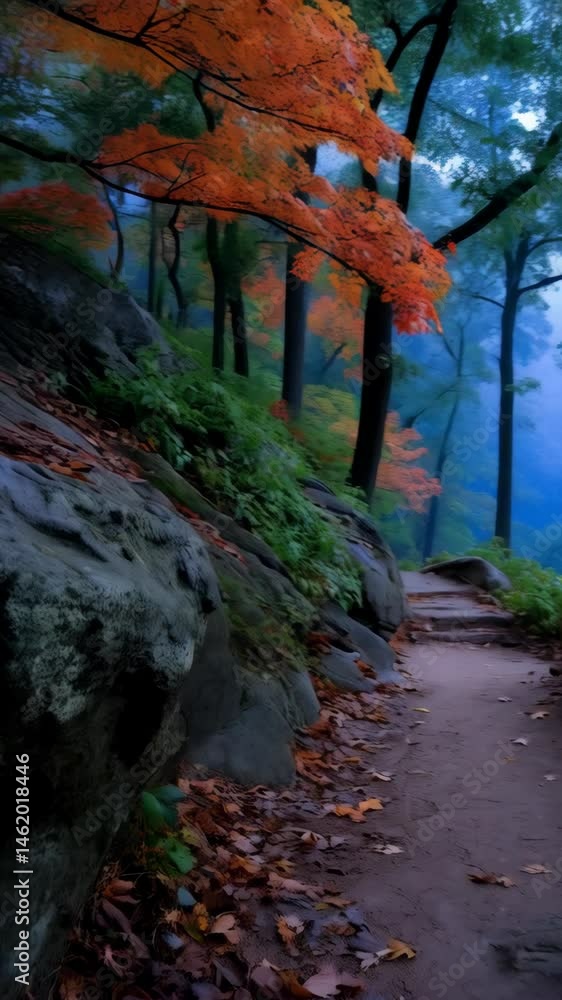 Poster hiking trail pathway through a colorful autumn forest with maple leaves and a soft mist creating a s