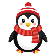 A cute penguin wearing a red hat and a striped scarf on white  background
