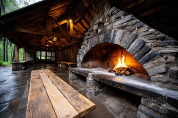 Rustic wood-fired stone oven in open wooden structure with benches and wet ground