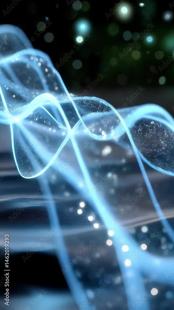 Poster wavy light streams and bokeh lights on dark backdrop, abstract fluorescent pattern with sparkling pa