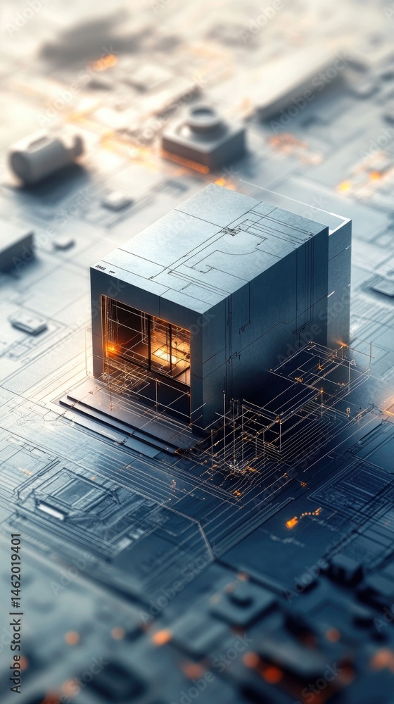 Poster close-up of a futuristic circuit board with a glowing cube at the center metallic textures and intri