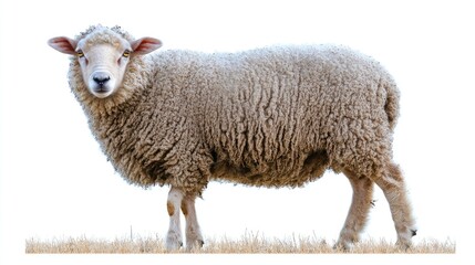 Obraz premium Fluffy Sheep Standing Gracefully on Grass Against White Background