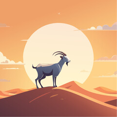 Naklejka premium A solitary goat standing on a sand dune in a vast desert landscape, with the sun setting in the background, symbolizing resilience and devotion