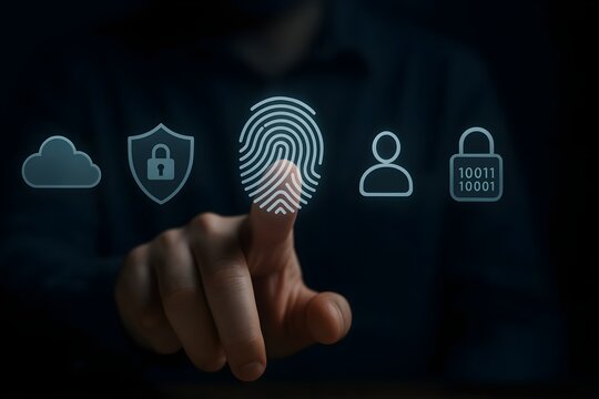 Person's finger interacts with a digital fingerprint, security icons, and binary code on a dark background.