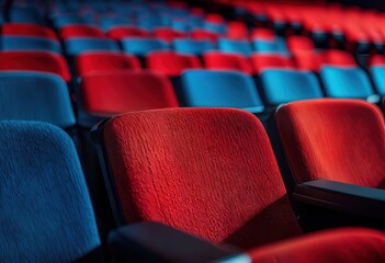 Fototapeta premium a rows of empty red and blue theater seats stretch into the darkness of an auditorium.