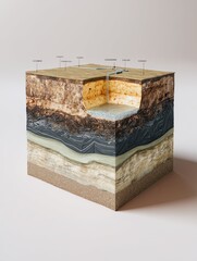 Cross-section view of underground carbon dioxide storage site with labeled geological layers in 3D render