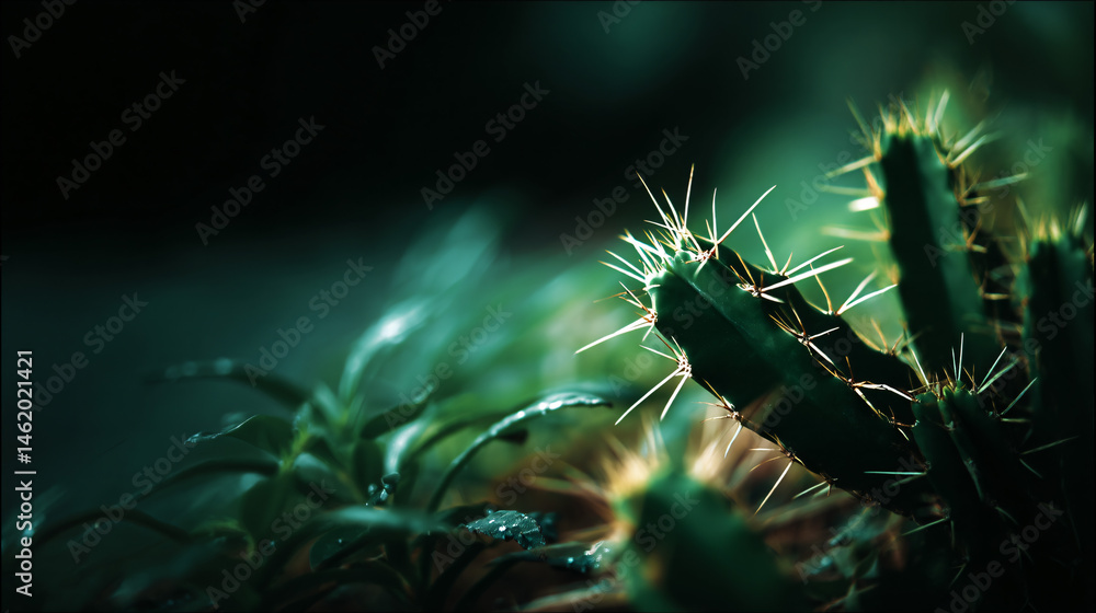 Poster unique cactus with sharp branches and belittled green leaves in a botanic setting.