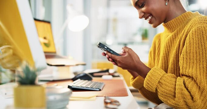 Excited, phone and creative woman celebrate success with online competition, win and bonus. Female designer, technology and fist pump for internet achievement, approval or recognition for design