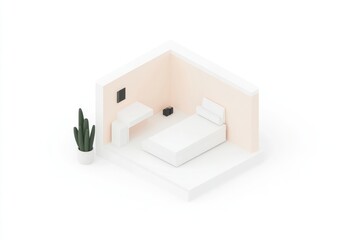 Minimalist bedroom isometric view.  Small, simple bedroom scene with a bed, nightstand, and plant.  Muted colors and clean lines create a serene atmosphere