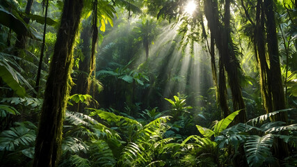 Obraz premium Sunlight Piercing Lush Tropical Rainforest Canopy