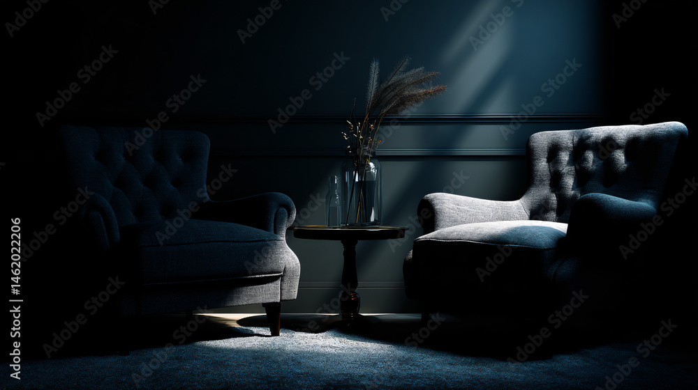 Poster two gray armchairs facing each other in a dark dreary room with a small tabular array in between.