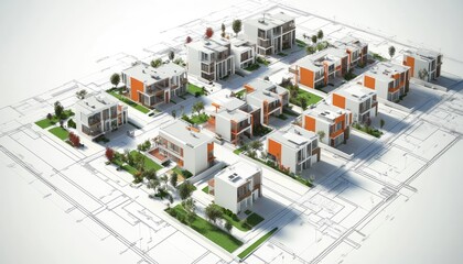 Aerial view of a modern housing complex. Buildings feature geometric designs. Lush green landscaping is present. The scene is set against a bright white background.