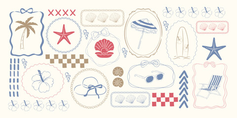 Vintage summer set of doodle hand drawn objects. Vintage summer symbols. Vacations, tourism, logo, frame, divider, icon.	