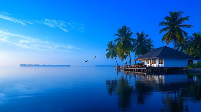 Tranquil beachfront bungalow at sunrise