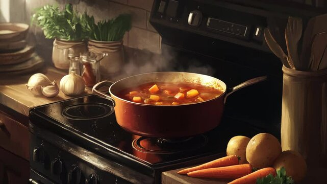 A pot of soup is cooking on a stove in a kitchen. The scene is warm and inviting, with a window letting in natural light and a variety of potted plants scattered around the room